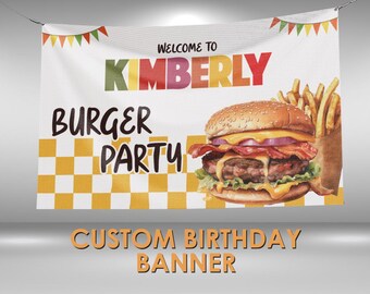 Burger Birthday Banner, Backyard BBQ Party Decorations, Cookout Birthday Vinyl Banner, BBQ Party Banner Wall Sign, Burger Decorations Sign