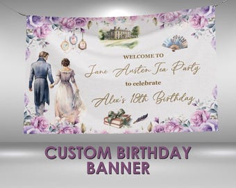 Jane Austen Birthday Banner, Pride and Prejudice, Party Decorations, Vintage Personalized Vinyl Banner, Book Birthday Party Wall Sign