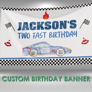 Race Car Birthday Vinyl Banner, 2 Fast 2 Curious Birthday Party Banner, Growing Up Two Fast Birthday Name Banner, Racing Birthday