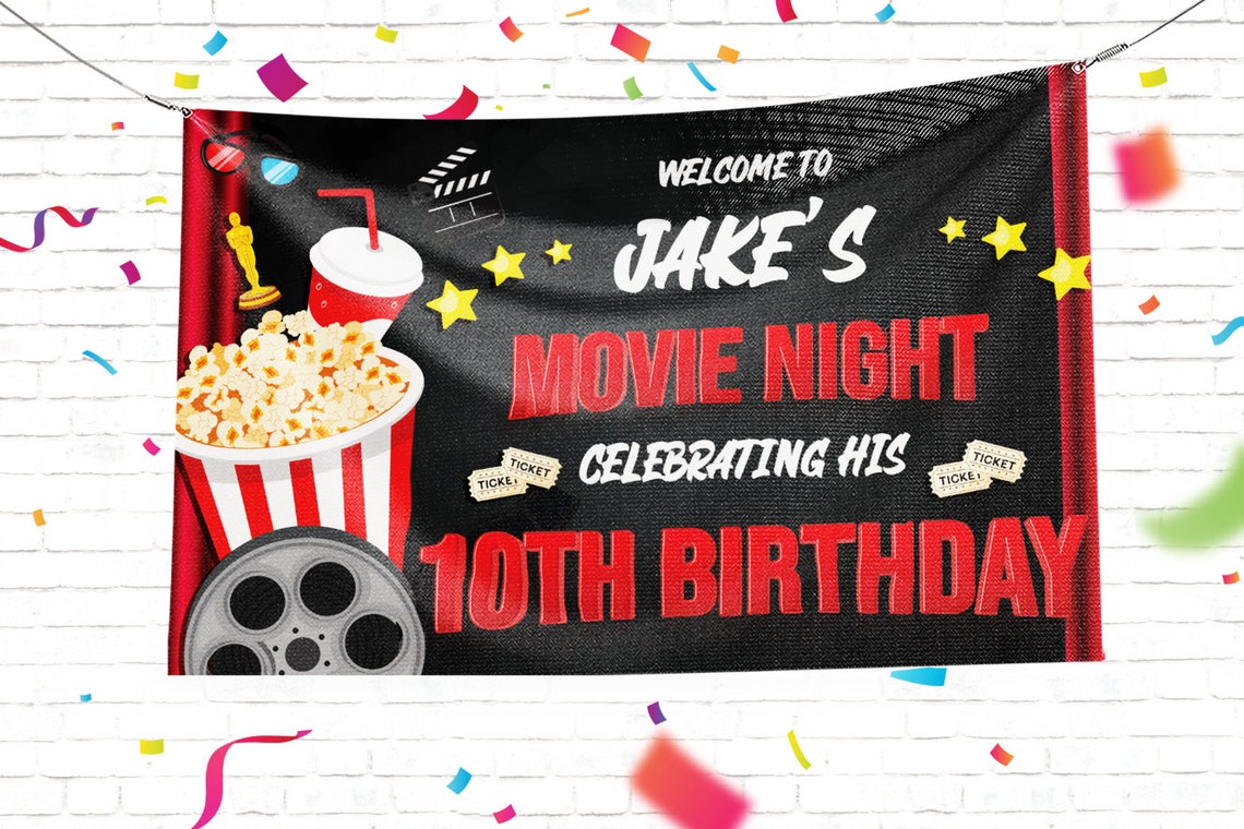 Movie Night Banner Full Color Printed Birthday Custom Sign image 1