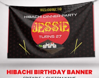 Hibachi Birthday Banner, Hibachi Party Custom Vinyl Banner, Sushi Theme Party Banner, Sushi Party Sign, Hibachi Birthday Vinyl Banner