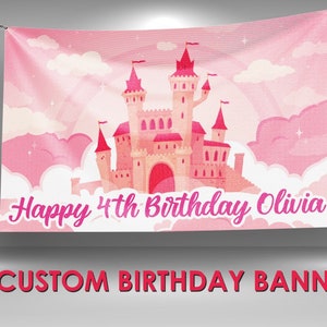 Castle Birthday Banner, Princess Party Decor, Custom Vinyl Banner, Personalized Name