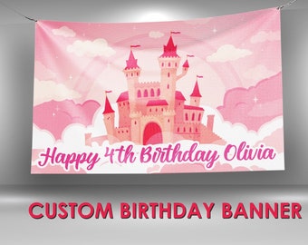 Castle Birthday Banner, Princess Party Decor, Custom Vinyl Banner, Personalized Name