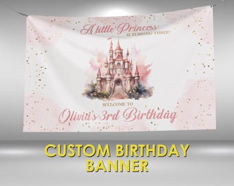 Castle Pink Birthday Banner, Princess Party Decor, Custom Vinyl Banner, Personalized Name, Princess Castle Pink Wall Hanging Banner
