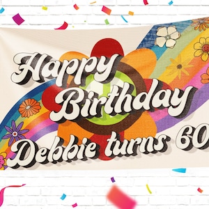 Hippie Retro Birthday Banner Printed in Full Color, Birthday Custom Vinyl Banner Design image 1