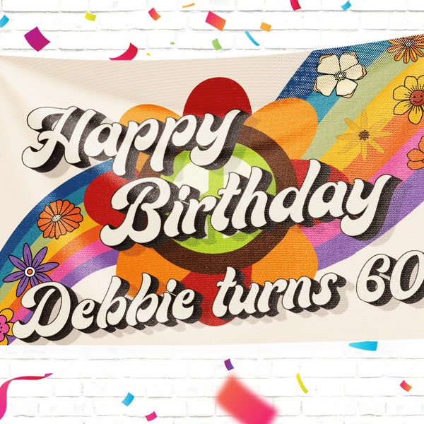 Hippie Retro Birthday Banner Printed in Full Color, Birthday Custom Vinyl Banner Design