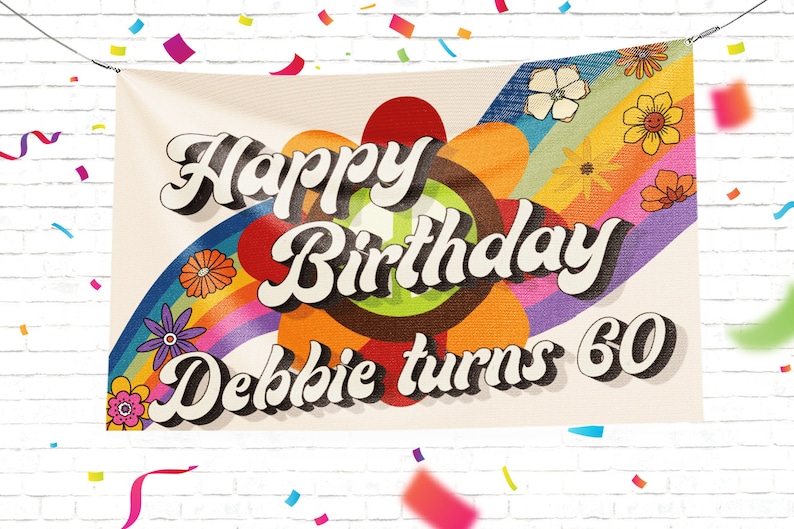 Hippie Retro Birthday Banner Printed in Full Color, Birthday Custom Vinyl Banner Design image 1