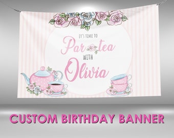 Tea Party Birthday Banner, Tea Party Decor Vinyl Banner, Tea Party Birthday Name Banner,  Princess Tea Party Custom Party Banner