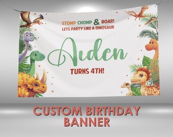 Dinosaur Birthday Banner Printed in Full Color, Dinosaur Birthday Decoration, Personalized Name, Vinyl Banner Wall Sign