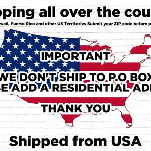 May include: Image with text on a white brick background. The text reads "Shipping all over the country" and "Shipped from USA". A map of the United States is in the center, with the American flag design. Text on the map says "IMPORTANT" and "WE DON'T SHIP TO P.O. BOX".