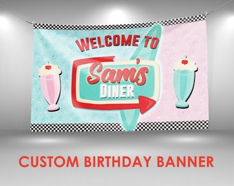 50s Diner Birthday Banner, Retro Diner Party Decor, Custom Vinyl Banner, Personalized Name