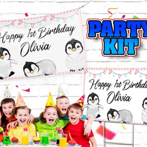 May include: A penguin-themed party kit with two banners that say "Happy 1st Birthday Olivia". The banners have a pink and blue checkered background with white bunting flags. The banners feature cute penguin illustrations. The kit is perfect for a first birthday party.