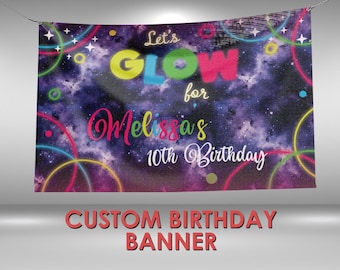 Glow Birthday Banner, Neon Party Decor, Custom Vinyl Banner, Personalized Name