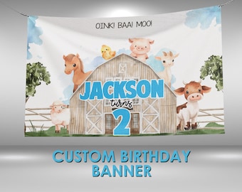 Farm Birthday Banner, Boy Farm Themed Birthday Party Decorations, Farm Animals Party Vinyl Banner Personalized Name, Full Color Printed