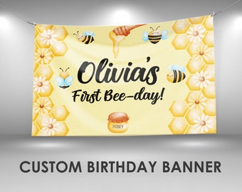 Bee Birthday Banner, Bee Party Decor, Custom Vinyl Banner, Personalized Name