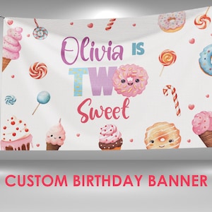 Two Sweet Birthday Banner, Donut and Ice Cream  Birthday Hanging Vinyl Banner, Two Sweet Party Decorations, Donut Birthday Banner