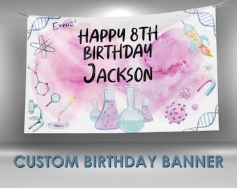 Science Birthday Banner, Science Birthday Party Banner, Science Theme Party, Birthday Name Banner, Free Shipping!