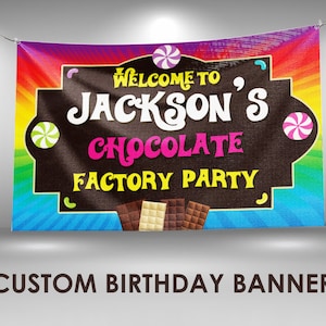 Chocolate Birthday Banner, Chocolate Factory Party, Custom Vinyl Banner, Personalized Name