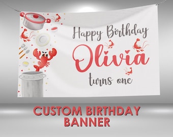 Crawfish Birthday Banner, Crawfish Decorations Party Banner, Seafood Dinner Birthday Vinyl Banner Decor, Personalized Name