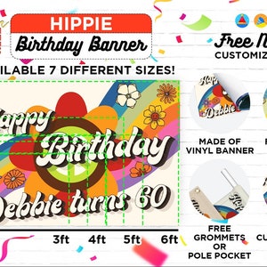 Hippie Retro Birthday Banner Printed in Full Color, Birthday Custom Vinyl Banner Design image 2