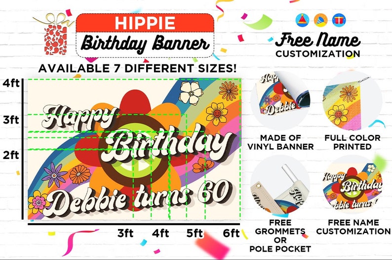 Hippie Retro Birthday Banner Printed in Full Color, Birthday Custom Vinyl Banner Design image 2