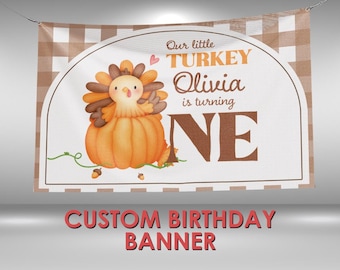 Our Little Turkey Birthday Banner, Fall Birthday Party Decoration, Fall First Birthday Vinyl Banner, Little Turkey Wall Decor