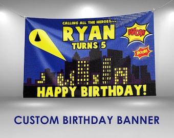 Superhero Birthday Banner, Superhero Backdrop Decor, Custom Vinyl Banner, Personalized Name