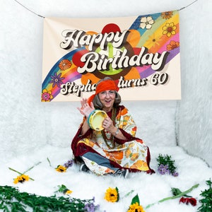 Hippie Retro Birthday Banner Printed in Full Color, Birthday Custom Vinyl Banner Design image 4