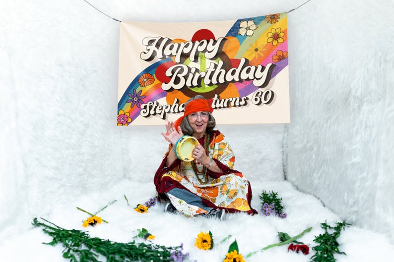 Hippie Retro Birthday Banner Printed in Full Color, Birthday Custom Vinyl Banner Design image 4