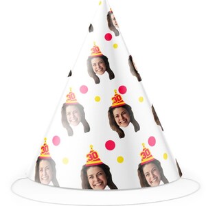 May include: White party hat with a cone shape, adorned with repeating images of a smiling woman. The hat features pink and yellow polka dots and the number "30" on the party hats the woman is wearing.