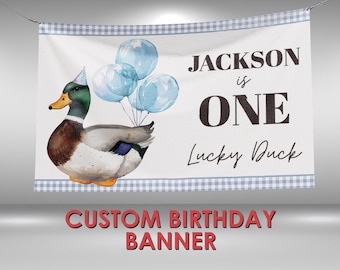 One Lucky Duck Birthday Banner, Lucky Duck Party Banner Decorations, Duck First Birthday Personalized Vinyl Banner, One Lucky Duck Wall Sign