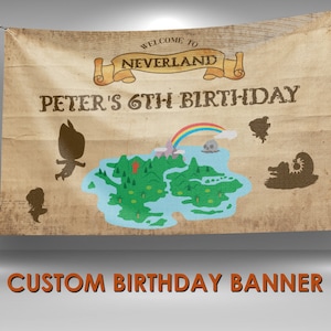 Neverland Birthday Vinyl Banner, Neverland Map Party Decor, Neverland Vinyl Banner Decor, Personalized Name