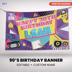 Super 90s Retro Party Banner Printed in Full Color, Personalized Birthday Banner