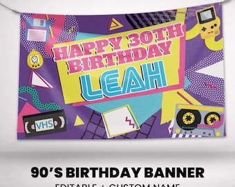 Super 90s Retro Party Banner Printed in Full Color, Personalized Birthday Banner