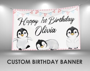 Penguin Birthday Banner, Penguin Party Banner Decorations, Penguin Printable Banner, Personalized Party Banner