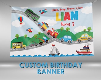 Honk Deep Vroom Choo Birthday Banner, Transportation Birthday Party Decorations Vinyl Banner, Plane Birthday, Transports Party Wall Sign