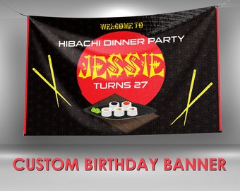 Hibachi Birthday Banner, Hibachi Party Custom Vinyl Banner, Sushi Theme Party Banner, Sushi Party Sign, Hibachi Birthday Vinyl Banner