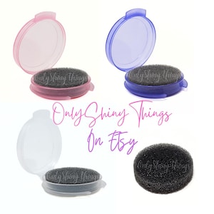 May include: Four round plastic containers with lids, each containing a black foam circle. The containers are in pink, blue, clear, and a close-up of the foam circle. The text "Only Shiny Things on Etsy" is visible in the image.