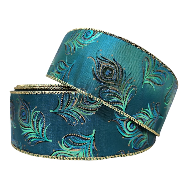 2.5" 5 - 50 Yards Teal Metallic Peacock Wired Ribbon for Christmas Trees, Wreaths, Garlands, Holiday Decorations