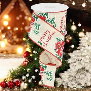 2.5&quot; Merry Christmas Wired Ribbon with Farm and Barn for Bows, Wreaths, Garlands, Crafts, Decoration  - 2.5&quot; x 10 Yards Cream, Red, Green