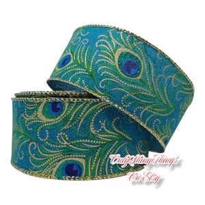 2.5" Wide x 10 Yards Wired Peacock Feather Christmas Ribbon Green Gold Teal Emerald Turquoise Glitter Ribbon Trees Wreaths Garlands Bows