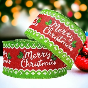 2.5" Whimsical "Merry Christmas" Marquee Ribbon Wired in Red, Lime Green, & White Christmas for Wreaths Trees Bows Garlands Gifts Toppers