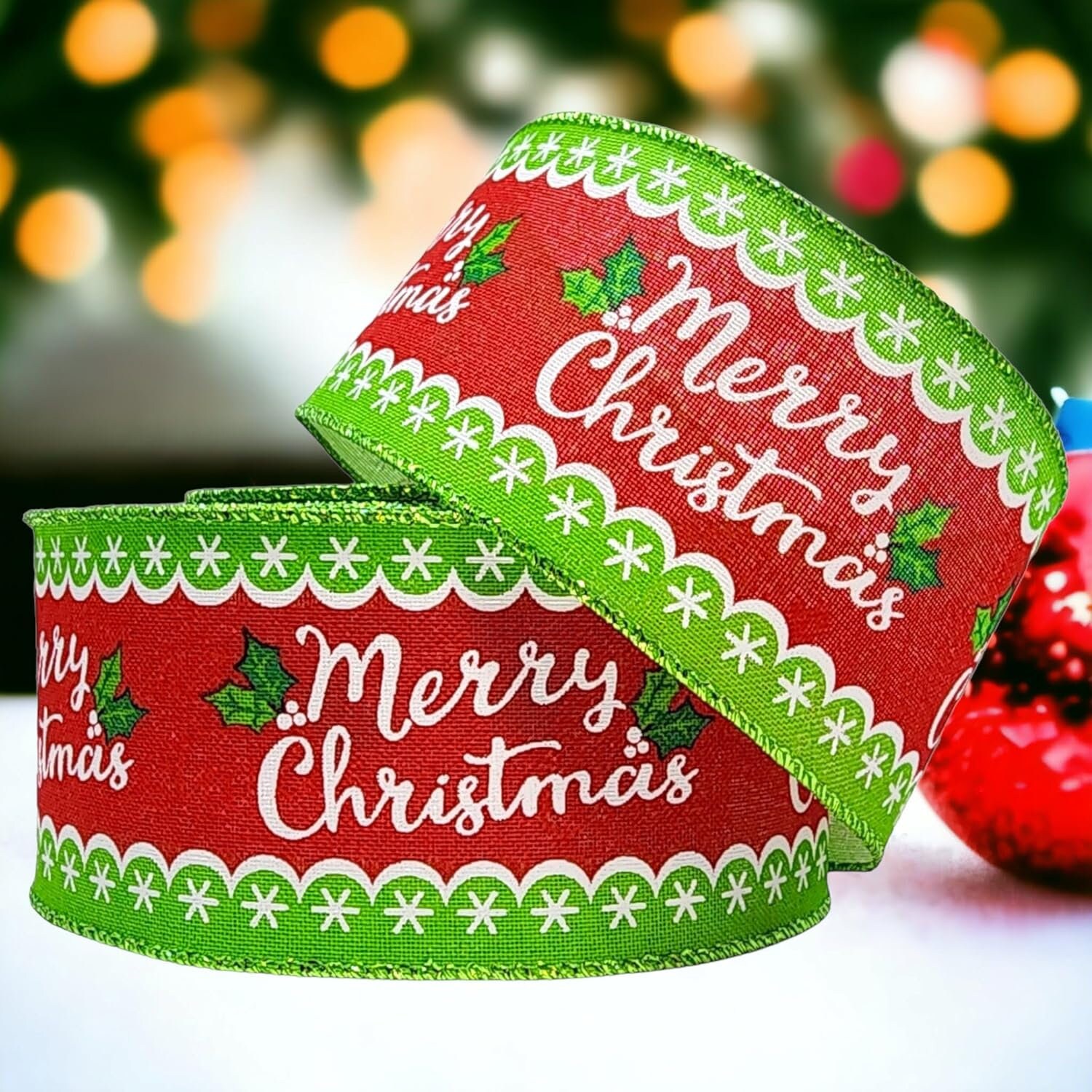 Wired Red & Green Stripes Merry Christmas Ribbon (#40-2.5