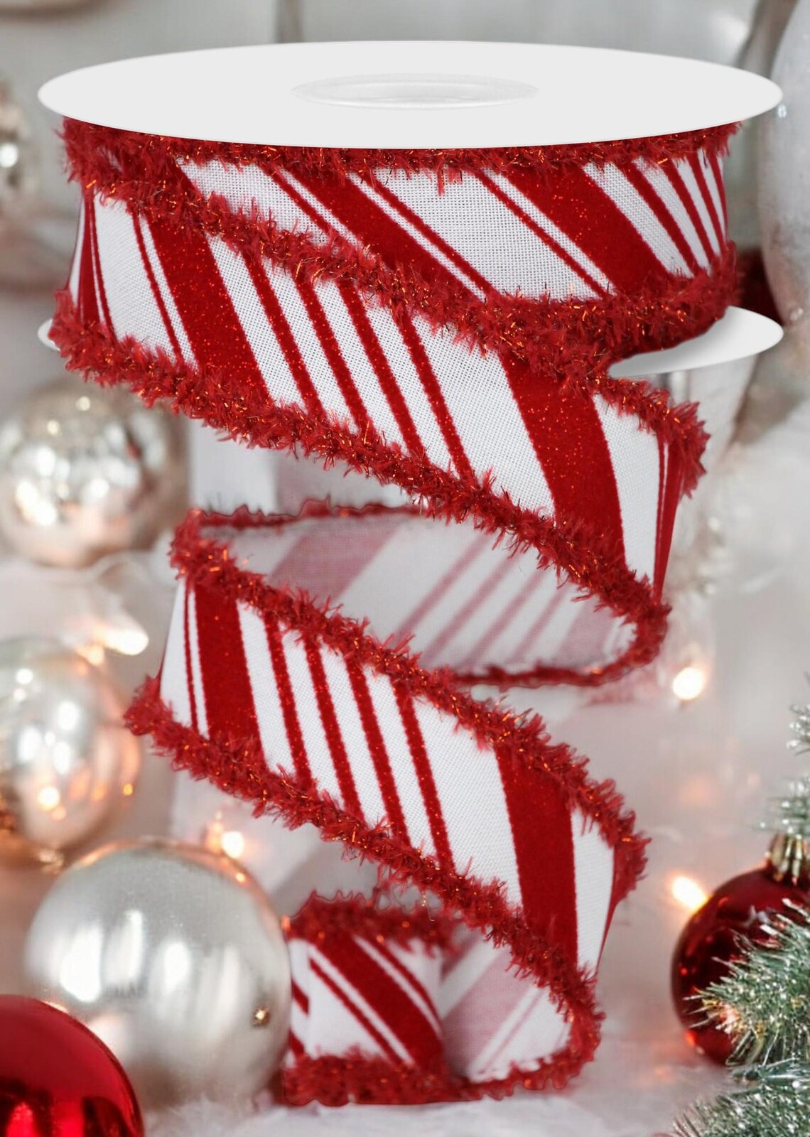1.5" Red & White Candy Cane Velvet Striped Wired Christmas Ribbon With ...