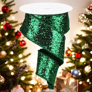 2.5&quot; Chunky Sequin Glitter Wired Ribbon with Tinsel Edge for Bows, Wreaths, Christmas Trees, Crafts, & Decorations - Emerald Green, 10 Yards