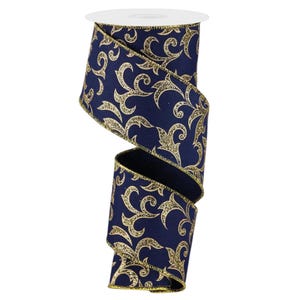 2.5" Navy Blue and Gold Wired Ribbon with Filigree Scroll Pattern For Christmas Holiday Bows, Tree Toppers, Wreaths, Garlands, Crafts BTY