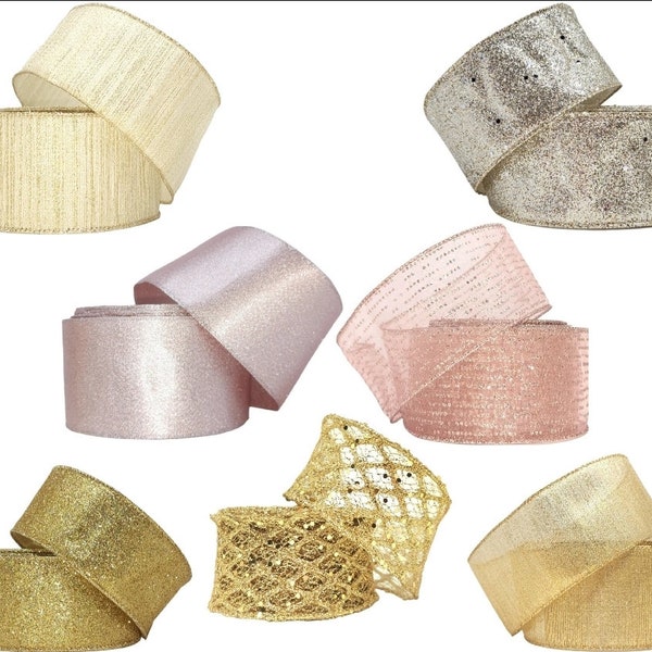 2.5" Wired Ribbon - Pink, Ivory, Cream, & Gold for Christmas, Valentine's Day Holiday Wreaths, Bows, Tree Toppers, Garlands - Glitter, Mesh