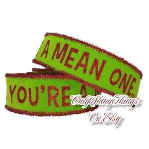 2.5" You're A Mean One Velvet Wired Ribbon with Tinsel Edges For Christmas Monster Crafts, Tree Toppers, Bows, Wreaths - Lime Green, Red, 10