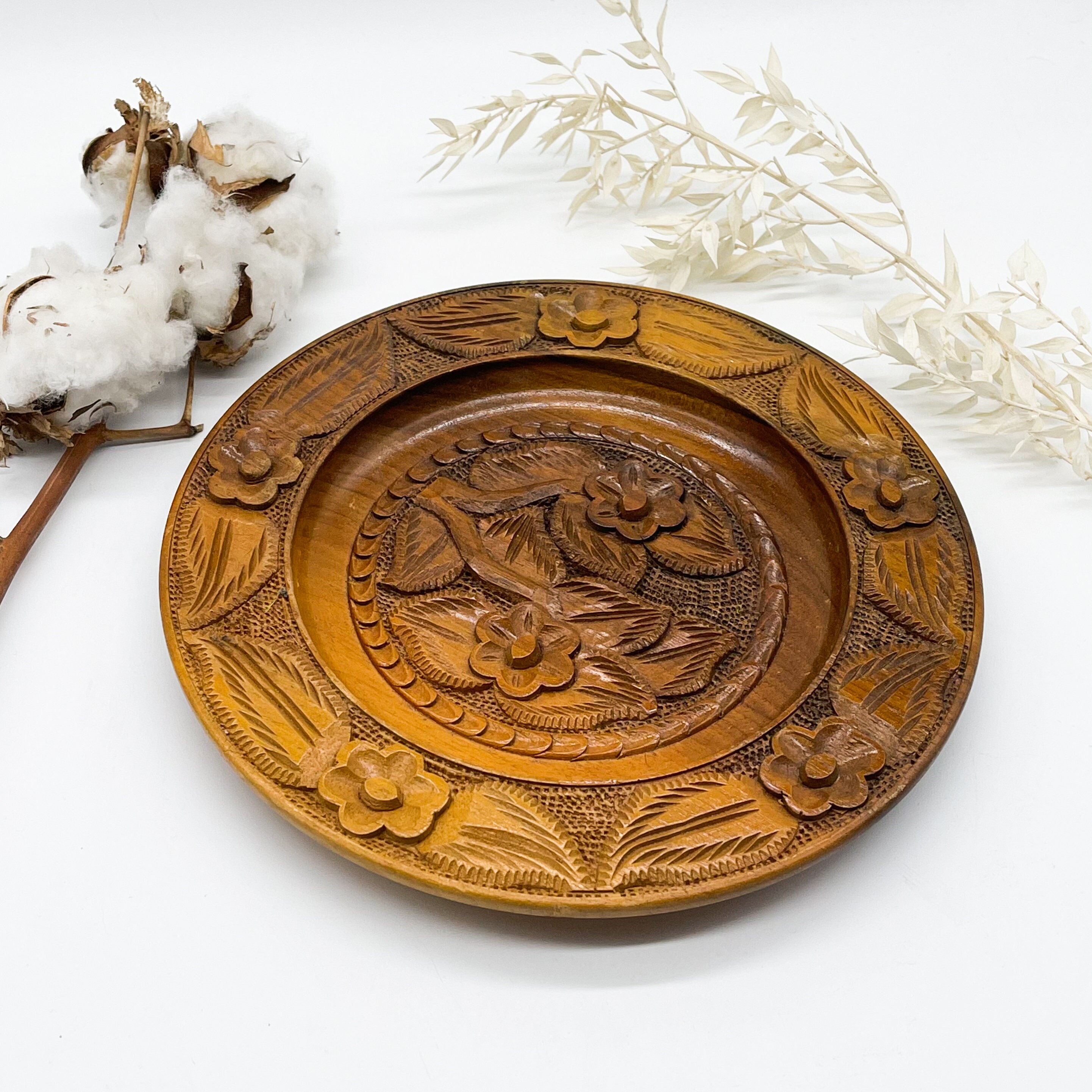 Vintage Carved Wooden Plate with Wall Hanging Etsy