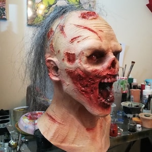 May include: A detailed, realistic zombie mask with a pale, flesh-toned face, red and bloody wounds, and a gaping mouth with a visible tongue. The mask has long, gray hair.